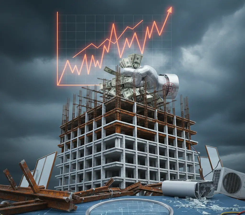 Conceptual illustration of a 2026 construction site with a high-rising financial graph