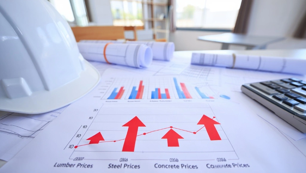 A construction project planning desk featuring a hard hat, blueprints, and a calculator. In the foreground, a printed line graph titled Material Costs shows red arrows pointing upward for Lumber, Steel, Concrete, and Copper prices, illustrating how rising expenses impact construction bids and profit margins.