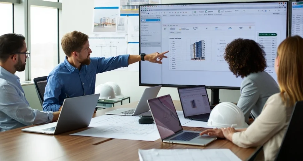 A team of professionals in a conference room reviewing a 3D BIM model and project data on a large screen to evaluate the best construction estimating software 2026