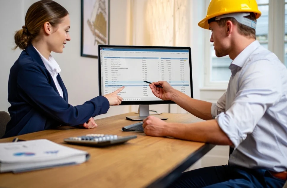 A project manager and a construction worker in a hard hat analyzing cost data together on a desktop monitor using construction estimating software.