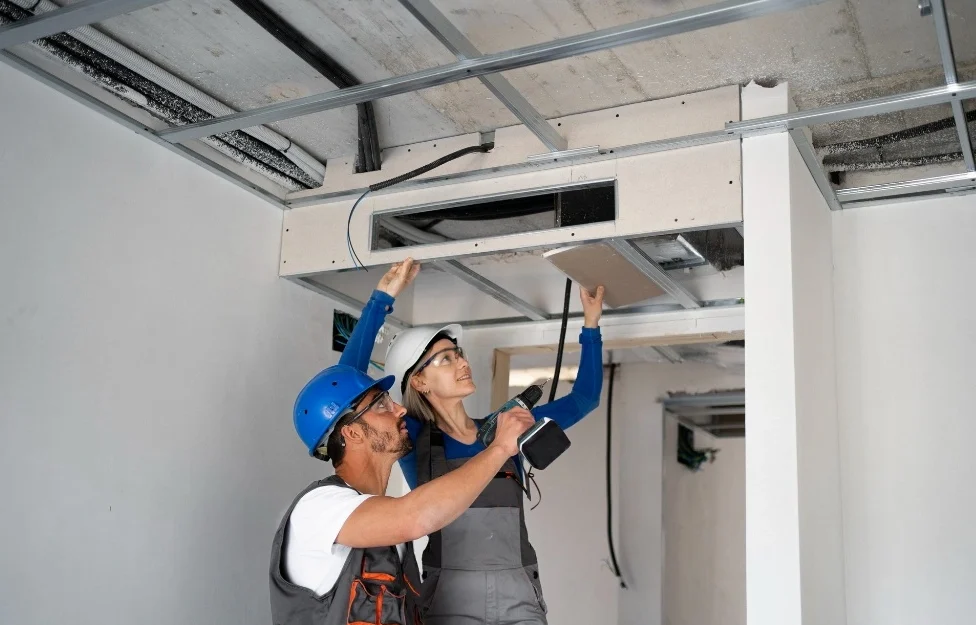 Complex industrial HVAC ductwork and air diffusers illustrating professional dryer vent installation requirements.