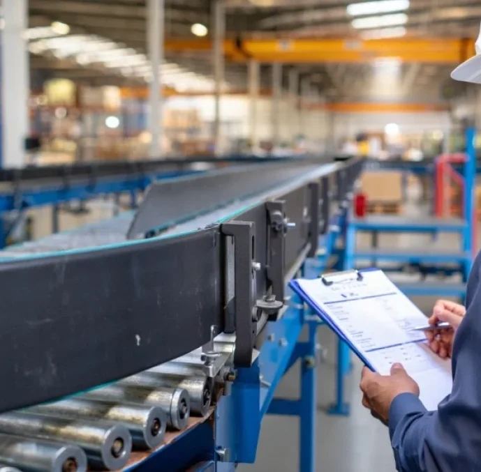 An industrial engineer wearing a hard hat and safety glasses performs a site inspection of a roller conveyor system while documenting details for a conveying estimating service.