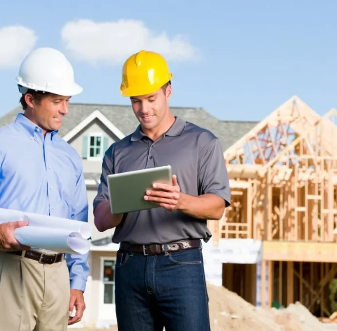 Two professional construction contractors in hard hats reviewing a digital home addition estimate on a tablet in front of a residential house under construction.