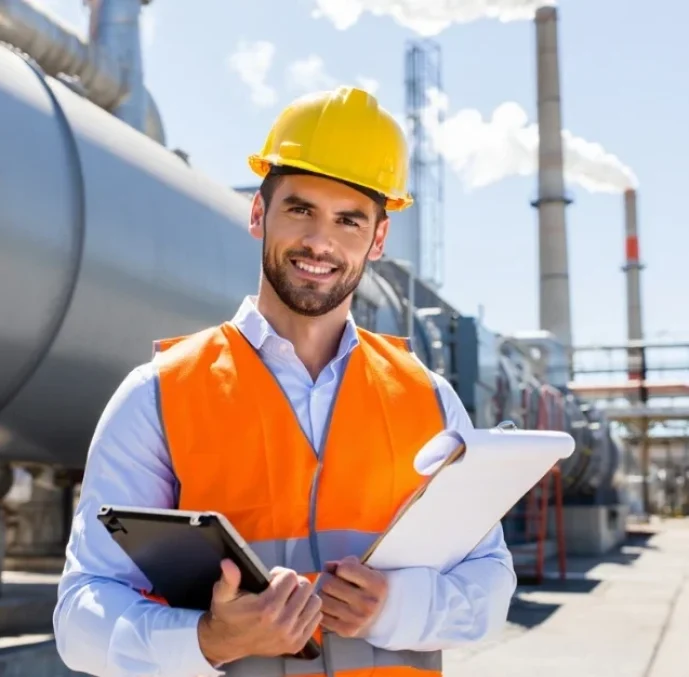 An industrial engineer standing in front of a factory with smokestacks, providing pollution control equipment estimating by reviewing data on a tablet and clipboard.
