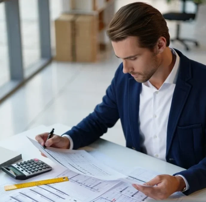 A professional quantity surveyor reviewing technical cost spreadsheets and blueprints on a desktop computer, providing expert Quantity Surveyor Services for construction budget management.