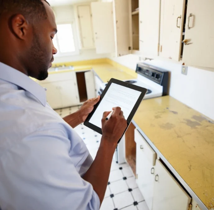 A renovation estimator using a digital tablet to record measurements and project costs for a kitchen remodel during an on-site consultation.