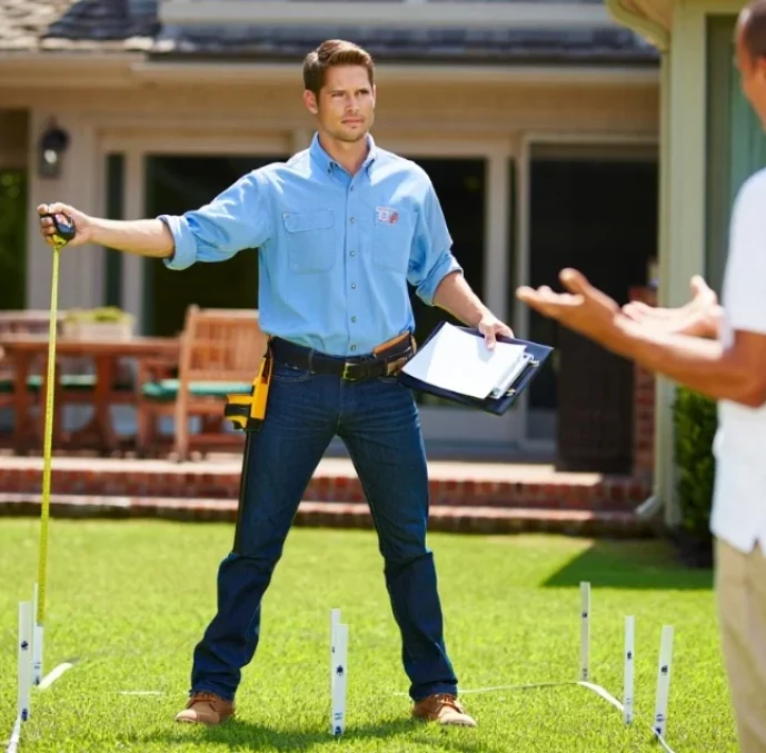 A professional contractor providing swimming pool estimating services by using a measuring tape and clipboard to survey a residential backyard for pool installation.