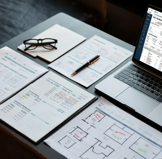Xactimate estimating services desk setup with architectural floor plans, a digital estimate on a laptop, and professional drafting tools.